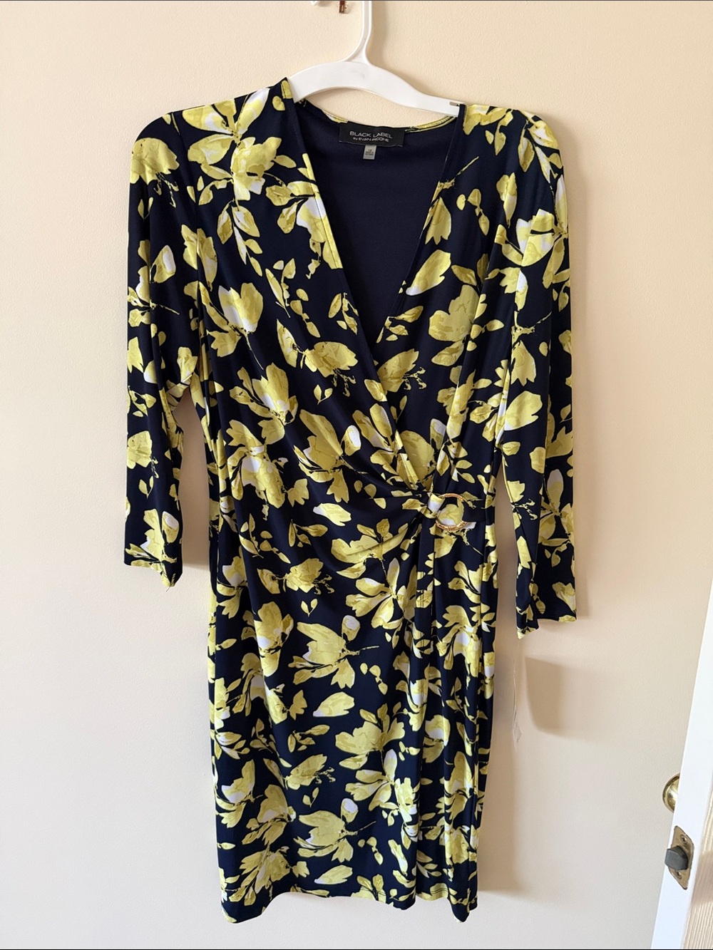 Black Floral Wrap-Style Dress with Yellow Print